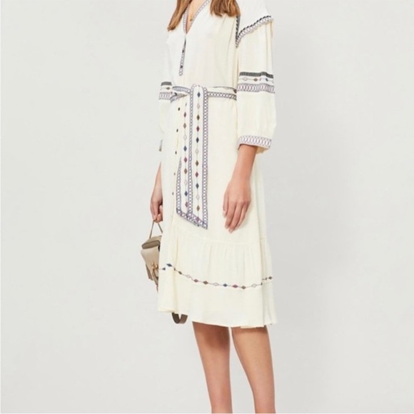 BA&SH Patty Embroidered Button Front Tie Waist Midi 3/4 Sleeve V-Neck Dress - Picture 3 of 13